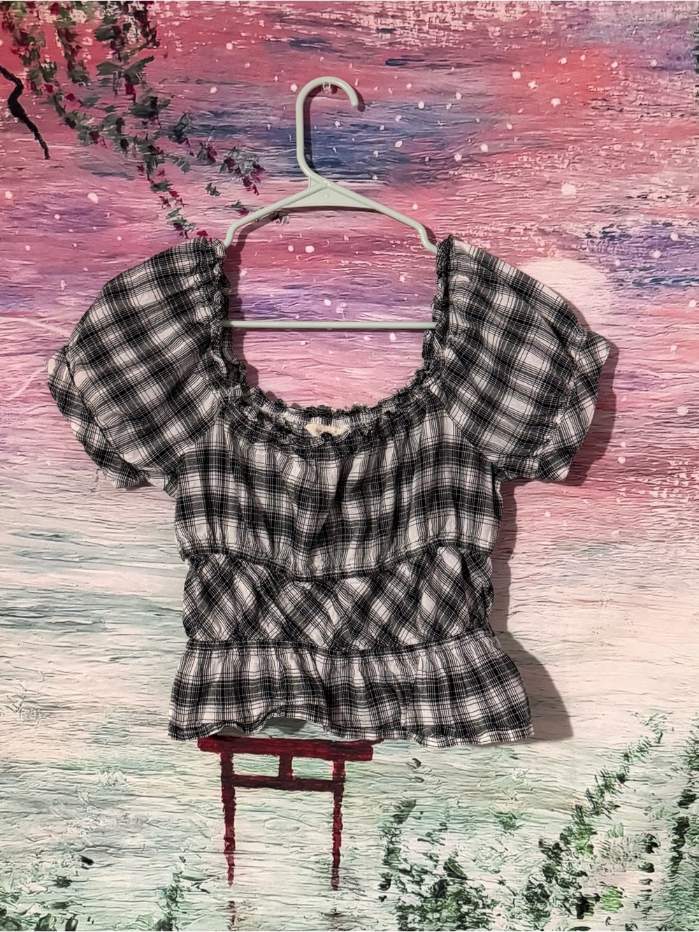 Black & White Plaid Puff-Sleeve Peasant Top